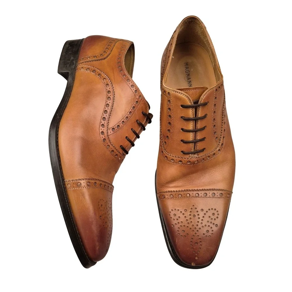 Magnanni Mens Cognac Leather Brogue Cap Toe Oxford Dress Shoes 19399 Size 9.5 M